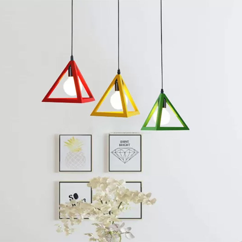 3 Heads Hanging Lamp Retro Industrial Triangle Metallic Pendant Lighting with Wire Guard and Linear/Round Canopy in Black/White Clearhalo 'Ceiling Lights' 'Modern Pendants' 'Modern' 'Pendant Lights' 'Pendants' Lighting' 439013