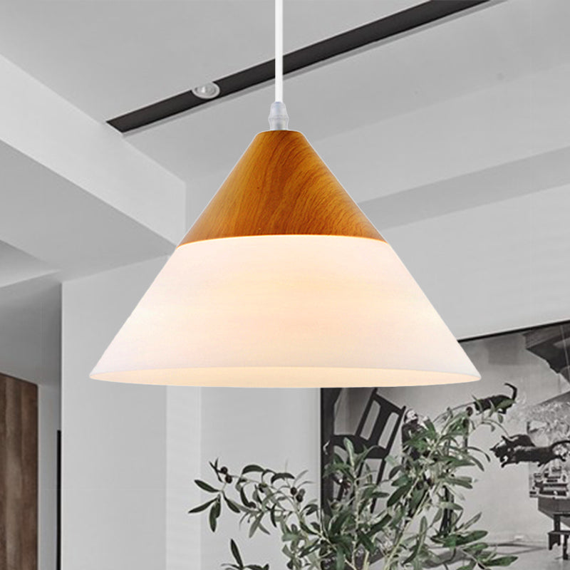 Cone Milk Glass Suspension Pendant Modern 1 Light 5"/7.5"/10.5" Wide Natural Wood Hanging Light Fixture Clearhalo 'Ceiling Lights' 'Glass shade' 'Glass' 'Modern Pendants' 'Modern' 'Pendant Lights' 'Pendants' Lighting' 439020