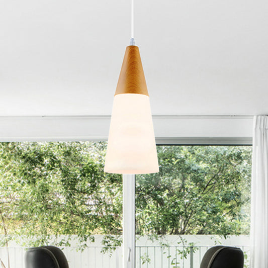 Cone Milk Glass Suspension Pendant Modern 1 Light 5"/7.5"/10.5" Wide Natural Wood Hanging Light Fixture Clearhalo 'Ceiling Lights' 'Glass shade' 'Glass' 'Modern Pendants' 'Modern' 'Pendant Lights' 'Pendants' Lighting' 439021