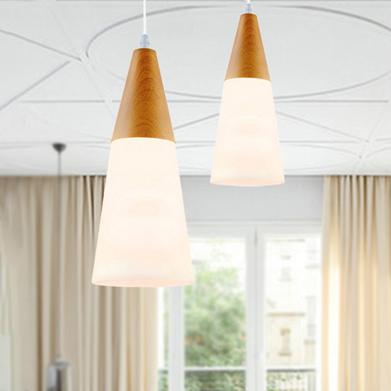 Cone Milk Glass Suspension Pendant Modern 1 Light 5"/7.5"/10.5" Wide Natural Wood Hanging Light Fixture Clearhalo 'Ceiling Lights' 'Glass shade' 'Glass' 'Modern Pendants' 'Modern' 'Pendant Lights' 'Pendants' Lighting' 439022