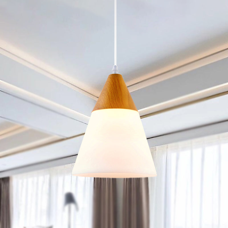 Cone Milk Glass Suspension Pendant Modern 1 Light 5"/7.5"/10.5" Wide Natural Wood Hanging Light Fixture Clearhalo 'Ceiling Lights' 'Glass shade' 'Glass' 'Modern Pendants' 'Modern' 'Pendant Lights' 'Pendants' Lighting' 439023