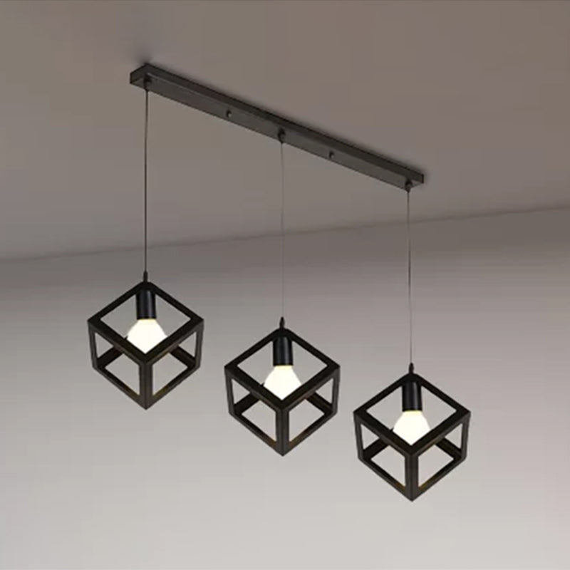 3 Bulbs Metal Pendant Light Industrial Black/White Squared Living Room Ceiling Lamp with Wire Cage Shade Clearhalo 'Ceiling Lights' 'Modern Pendants' 'Modern' 'Pendant Lights' 'Pendants' Lighting' 439025