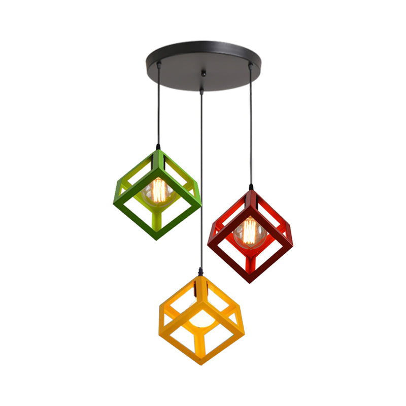 3 Bulbs Metal Pendant Light Industrial Black/White Squared Living Room Ceiling Lamp with Wire Cage Shade Clearhalo 'Ceiling Lights' 'Modern Pendants' 'Modern' 'Pendant Lights' 'Pendants' Lighting' 439027