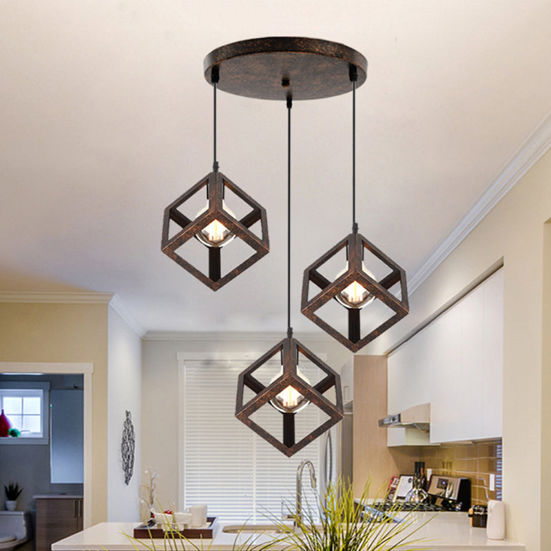 3 Bulbs Metal Pendant Light Industrial Black/White Squared Living Room Ceiling Lamp with Wire Cage Shade Clearhalo 'Ceiling Lights' 'Modern Pendants' 'Modern' 'Pendant Lights' 'Pendants' Lighting' 439029