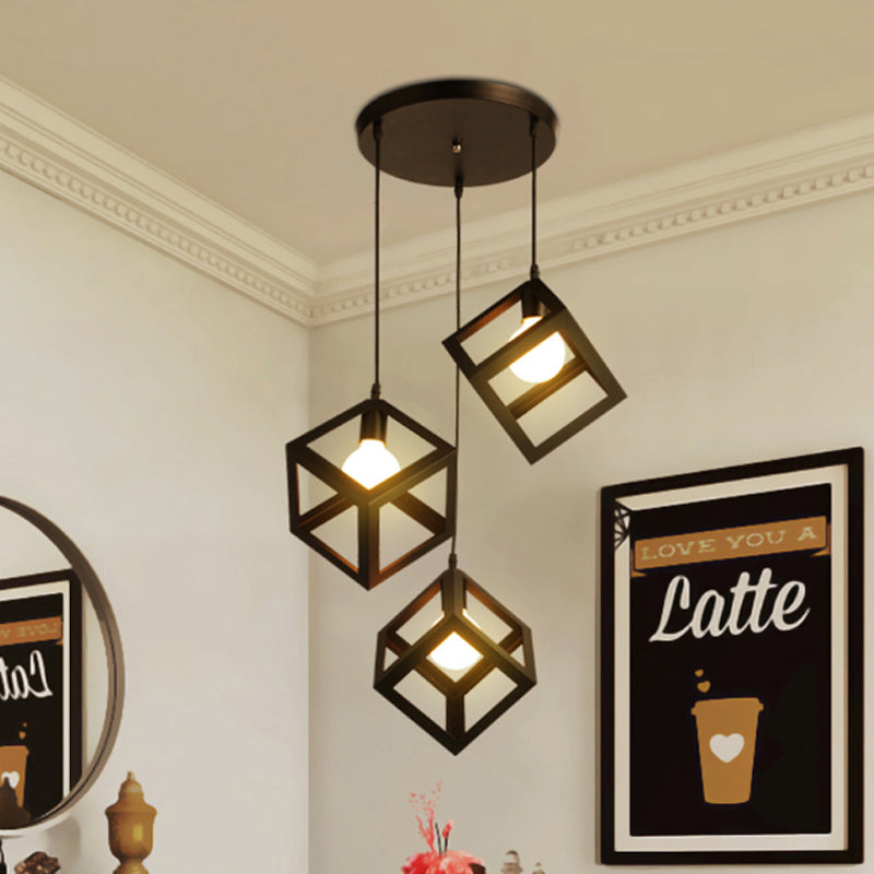 3 Bulbs Metal Pendant Light Industrial Black/White Squared Living Room Ceiling Lamp with Wire Cage Shade Clearhalo 'Ceiling Lights' 'Modern Pendants' 'Modern' 'Pendant Lights' 'Pendants' Lighting' 439030