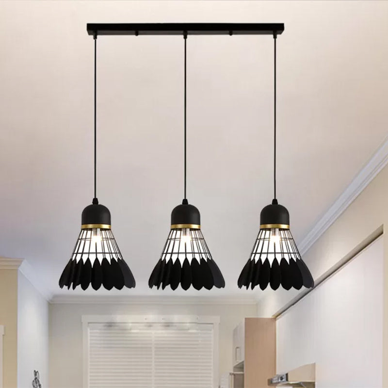 3 Lights Badminton Pendant Lighting Retro Stylish Black Finish Metal Hanging Light Fixture with Round/Linear Canopy Clearhalo 'Ceiling Lights' 'Pendant Lights' 'Pendants' Lighting' 439034