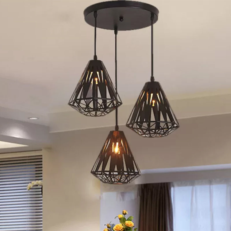 Loft Stylish Wire Cage Suspension Light 3 Heads Metal Ceiling Fixture with Diamond Shade in Black/White Clearhalo 'Ceiling Lights' 'Modern Pendants' 'Modern' 'Pendant Lights' 'Pendants' Lighting' 439036