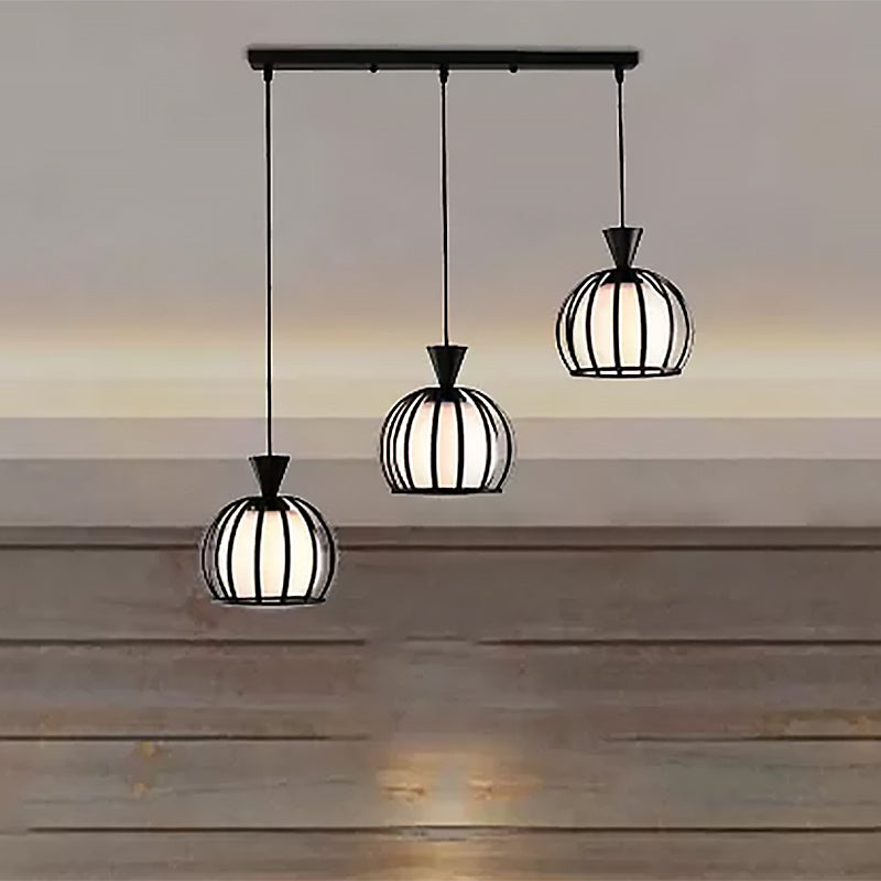 Metal Dome Cage Ceiling Pendant with Milk Glass Shade Retro Style 3 Bulb Indoor Hanging Light in Black/White Clearhalo 'Ceiling Lights' 'Modern Pendants' 'Modern' 'Pendant Lights' 'Pendants' Lighting' 439042