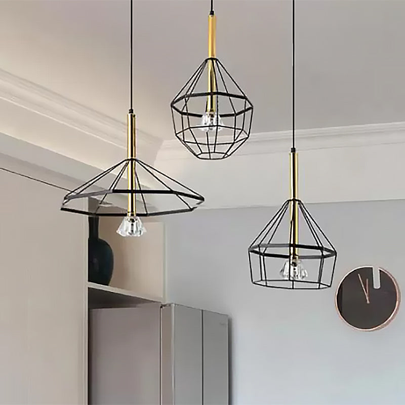 Industrial Wire Cage Ceiling Pendant with Different Shade 3 Lights Metal Hanging Ceiling Light in Black Clearhalo 'Ceiling Lights' 'Pendant Lights' 'Pendants' Lighting' 439043