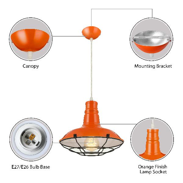 Orange/Blue/Green Bowl Hanging Light with Wire Guard Industrial Metal 1 Light Dining Room Pendant Light Fixture, 10"/14"/18" Dia Clearhalo 'Art Deco Pendants' 'Black' 'Cast Iron' 'Ceiling Lights' 'Ceramic' 'Crystal' 'Industrial Pendants' 'Industrial' 'Metal' 'Middle Century Pendants' 'Pendant Lights' 'Pendants' 'Rustic Pendants' 'Tiffany' Lighting' 4391