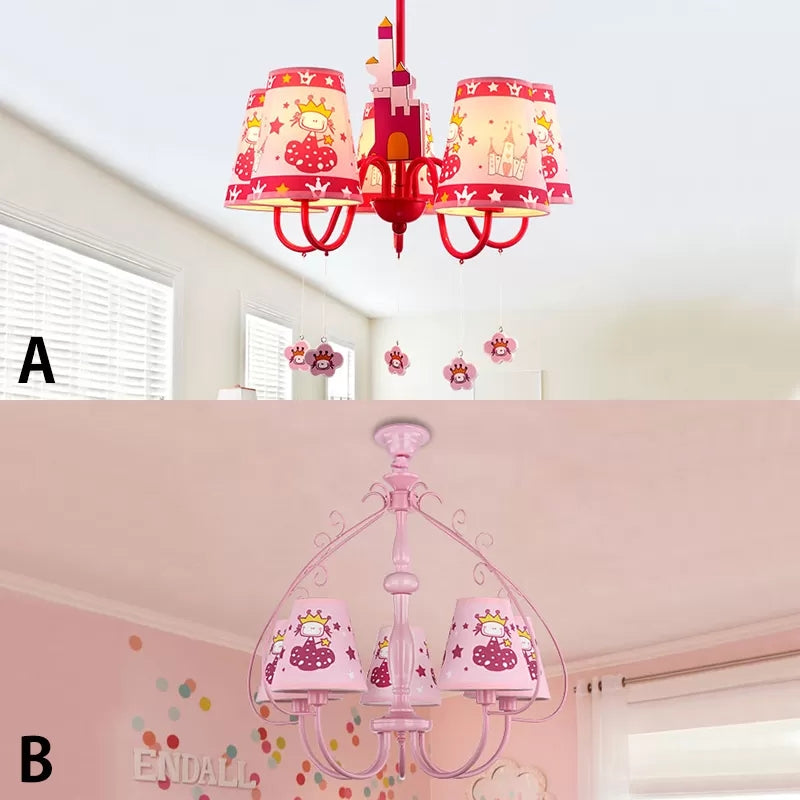 Kids Pink Hanging Lamp with Tapered Shade Princess 5 Heads Metal Chandelier for Girls Bedroom Clearhalo 'Ceiling Lights' 'Chandeliers' Lighting' options 43989