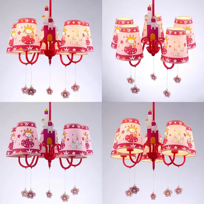 Kids Pink Hanging Lamp with Tapered Shade Princess 5 Heads Metal Chandelier for Girls Bedroom Clearhalo 'Ceiling Lights' 'Chandeliers' Lighting' options 43991