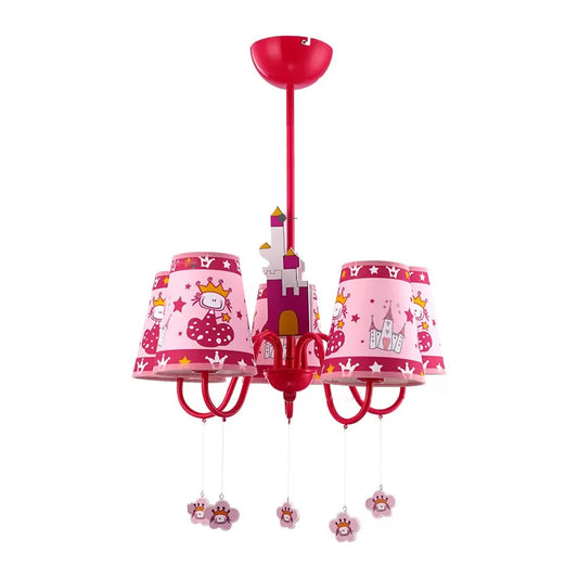 Kids Pink Hanging Lamp with Tapered Shade Princess 5 Heads Metal Chandelier for Girls Bedroom Clearhalo 'Ceiling Lights' 'Chandeliers' Lighting' options 43992