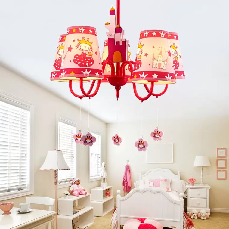 Kids Pink Hanging Lamp with Tapered Shade Princess 5 Heads Metal Chandelier for Girls Bedroom Clearhalo 'Ceiling Lights' 'Chandeliers' Lighting' options 43993