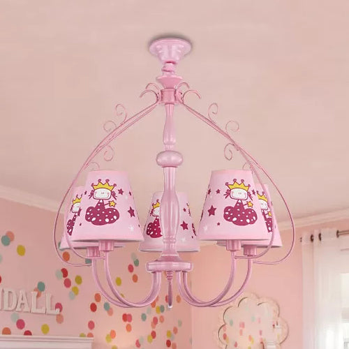 Kids Pink Hanging Lamp with Tapered Shade Princess 5 Heads Metal Chandelier for Girls Bedroom Clearhalo 'Ceiling Lights' 'Chandeliers' Lighting' options 43996