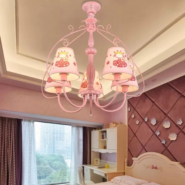 Kids Pink Hanging Lamp with Tapered Shade Princess 5 Heads Metal Chandelier for Girls Bedroom Clearhalo 'Ceiling Lights' 'Chandeliers' Lighting' options 43998