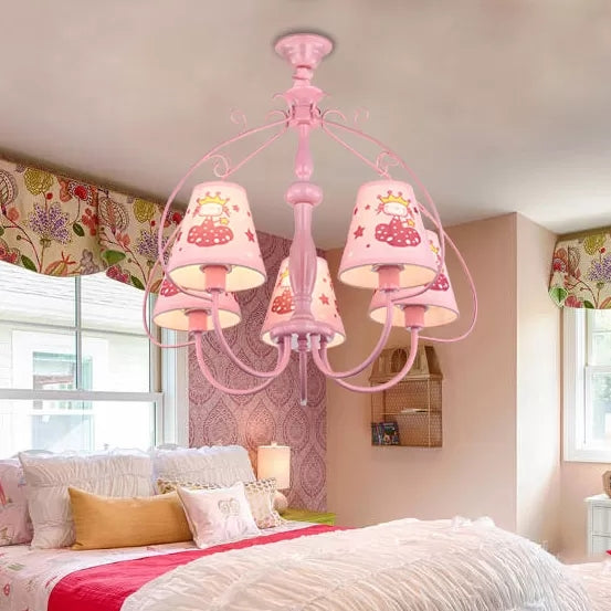Kids Pink Hanging Lamp with Tapered Shade Princess 5 Heads Metal Chandelier for Girls Bedroom Clearhalo 'Ceiling Lights' 'Chandeliers' Lighting' options 43999