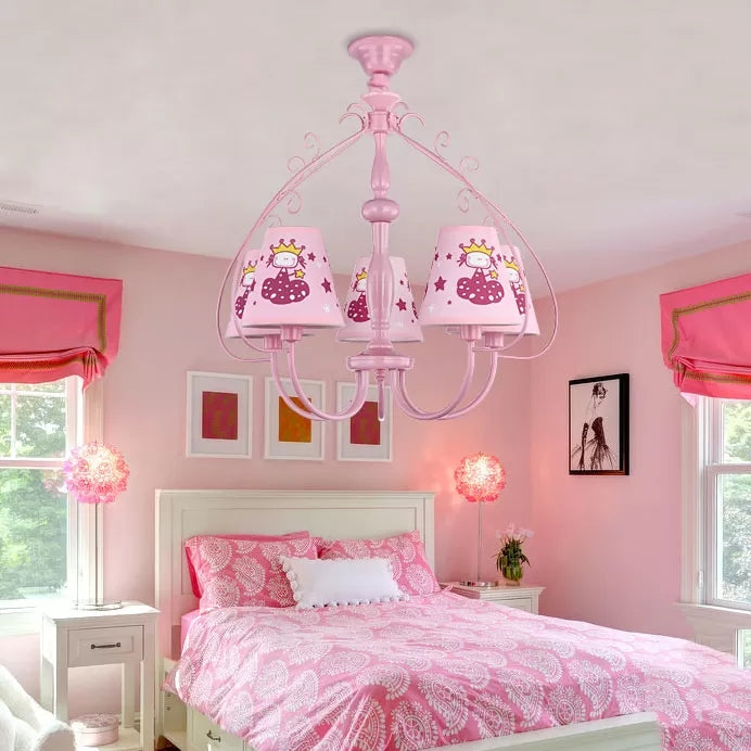 Kids Pink Hanging Lamp with Tapered Shade Princess 5 Heads Metal Chandelier for Girls Bedroom Pink Clearhalo 'Ceiling Lights' 'Chandeliers' Lighting' options 44000_f453e5cd-8448-4581-aeff-2c04b828df66