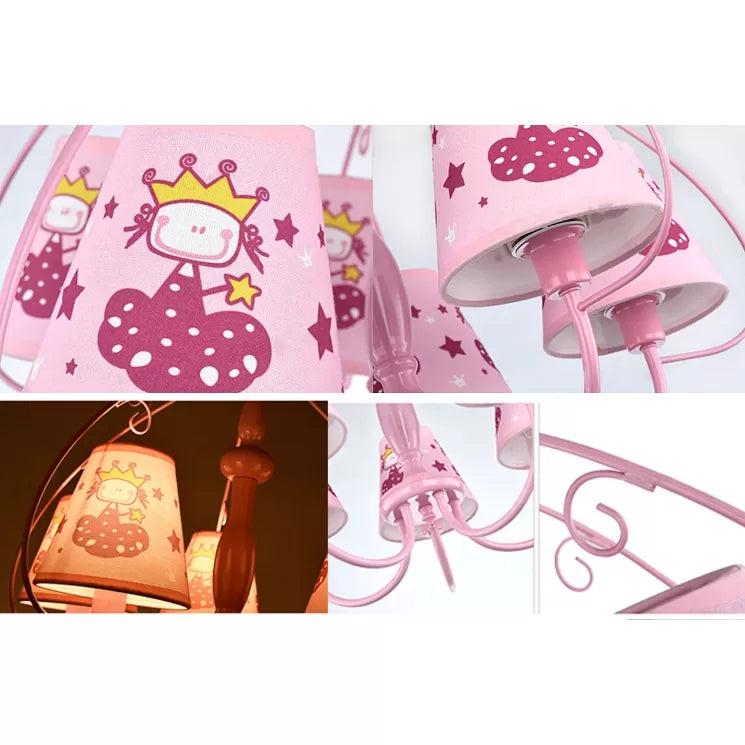 Kids Pink Hanging Lamp with Tapered Shade Princess 5 Heads Metal Chandelier for Girls Bedroom Clearhalo 'Ceiling Lights' 'Chandeliers' Lighting' options 44001