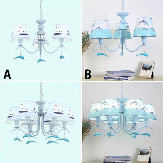 Creative Blue Chandelier Tapered Shade Metal Hanging Light with Dolphin Deco for Baby Room Clearhalo 'Ceiling Lights' 'Chandeliers' Lighting' options 44319