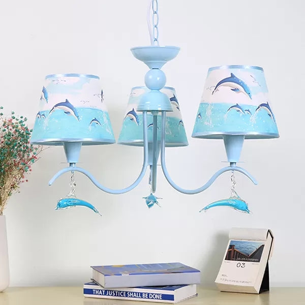 Creative Blue Chandelier Tapered Shade Metal Hanging Light with Dolphin Deco for Baby Room 3 Blue B Clearhalo 'Ceiling Lights' 'Chandeliers' Lighting' options 44322_4cdc1f3c-6c02-4736-9b33-bb1ef269c0a9