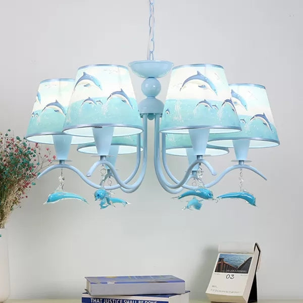 Creative Blue Chandelier Tapered Shade Metal Hanging Light with Dolphin Deco for Baby Room Clearhalo 'Ceiling Lights' 'Chandeliers' Lighting' options 44324