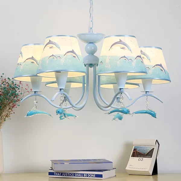Creative Blue Chandelier Tapered Shade Metal Hanging Light with Dolphin Deco for Baby Room Clearhalo 'Ceiling Lights' 'Chandeliers' Lighting' options 44325