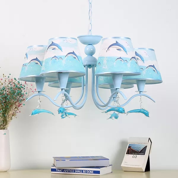 Creative Blue Chandelier Tapered Shade Metal Hanging Light with Dolphin Deco for Baby Room Clearhalo 'Ceiling Lights' 'Chandeliers' Lighting' options 44326