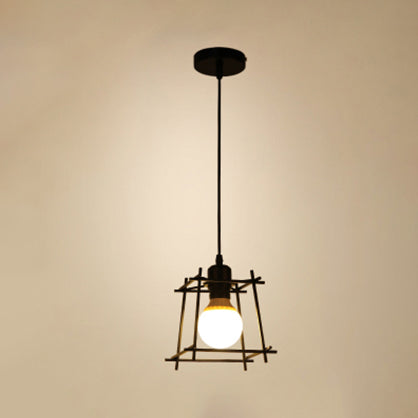 Retro Style Square Cage Pendant Light 1 Light Metal Ceiling Hanging Lamp in Black/White for Bedroom Black Clearhalo 'Ceiling Lights' 'Modern Pendants' 'Modern' 'Pendant Lights' 'Pendants' Lighting' 45212