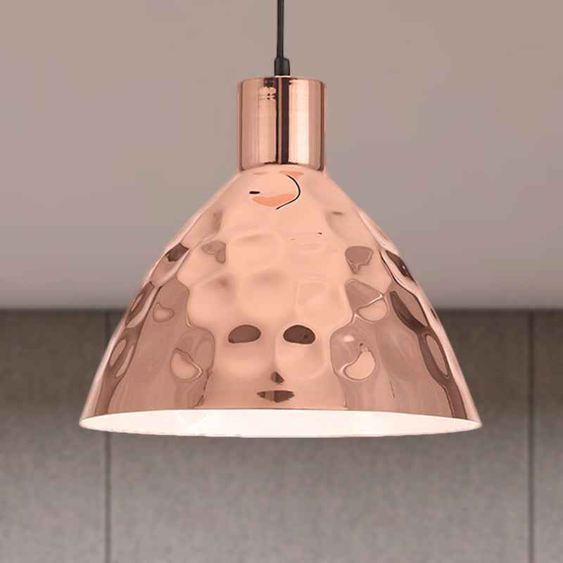 Dimpled Conic Metal Suspended Light Industrial 1 Light Restaurant Pendant Lamp with Hanging Cord in Rose Gold Rose Gold Clearhalo 'Ceiling Lights' 'Modern Pendants' 'Modern' 'Pendant Lights' 'Pendants' Lighting' 452526