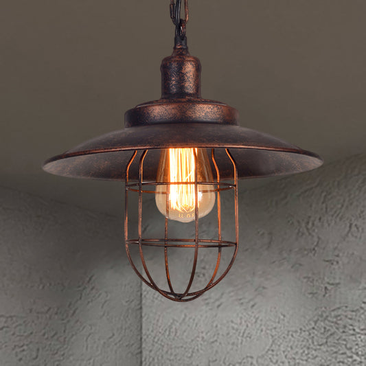 Nautical Saucer Ceiling Light with Cage Shade 1 Light Wrought Iron Hanging Pendant Light in Rust Rust Clearhalo 'Art Deco Pendants' 'Cast Iron' 'Ceiling Lights' 'Ceramic' 'Crystal' 'Industrial Pendants' 'Industrial' 'Metal' 'Middle Century Pendants' 'Pendant Lights' 'Pendants' 'Tiffany' Lighting' 452578