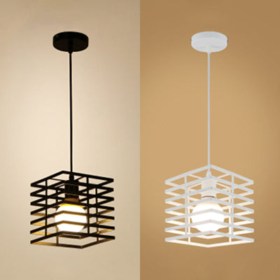 Squared Cage Restaurant Ceiling Pendant Light Retro Style Metal 1 Light Black/White Hanging Lamp Clearhalo 'Ceiling Lights' 'Modern Pendants' 'Modern' 'Pendant Lights' 'Pendants' Lighting' 45377