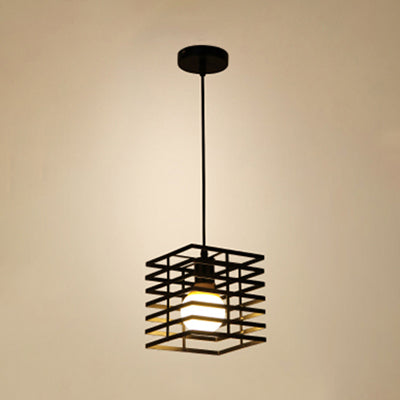 Squared Cage Restaurant Ceiling Pendant Light Retro Style Metal 1 Light Black/White Hanging Lamp Black Clearhalo 'Ceiling Lights' 'Modern Pendants' 'Modern' 'Pendant Lights' 'Pendants' Lighting' 45378