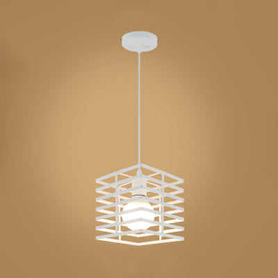 Squared Cage Restaurant Ceiling Pendant Light Retro Style Metal 1 Light Black/White Hanging Lamp White Clearhalo 'Ceiling Lights' 'Modern Pendants' 'Modern' 'Pendant Lights' 'Pendants' Lighting' 45381