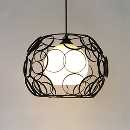 1 Light Metal Pendant Light Vintage Black/White Wire Frame Indoor Hanging Ceiling Light with Opal Glass Globe Shade Black Clearhalo 'Ceiling Lights' 'Modern Pendants' 'Modern' 'Pendant Lights' 'Pendants' Lighting' 45385