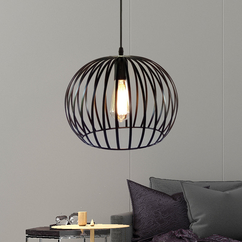 12"/14" Wide Globe Cage Metal Ceiling Light Industrial 1 Bulb Living Room Pendant Lighting in Satin Black Black Clearhalo 'Art Deco Pendants' 'Black' 'Cast Iron' 'Ceiling Lights' 'Ceramic' 'Crystal' 'Industrial Pendants' 'Industrial' 'Metal' 'Middle Century Pendants' 'Pendant Lights' 'Pendants' 'Rustic Pendants' 'Tiffany' Lighting' 45403