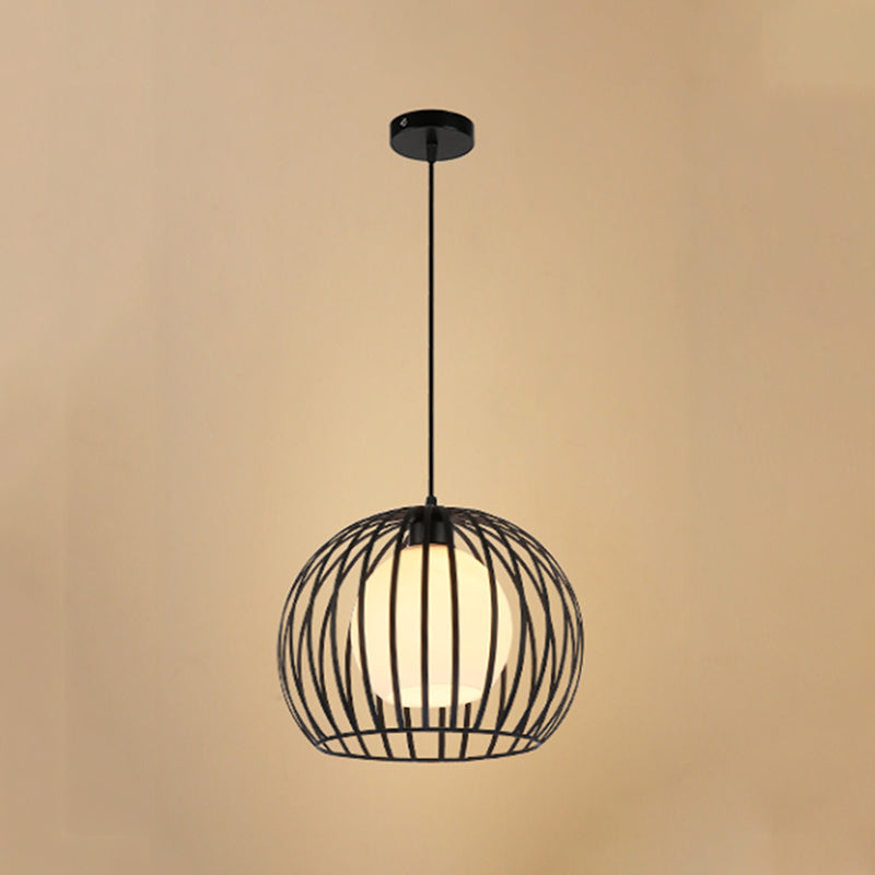 Black/White 1 Bulb Ceiling Hanging Light Industrial Style Metallic Global Cage Suspension Light for Living Room Black Clearhalo 'Ceiling Lights' 'Modern Pendants' 'Modern' 'Pendant Lights' 'Pendants' Lighting' 45408