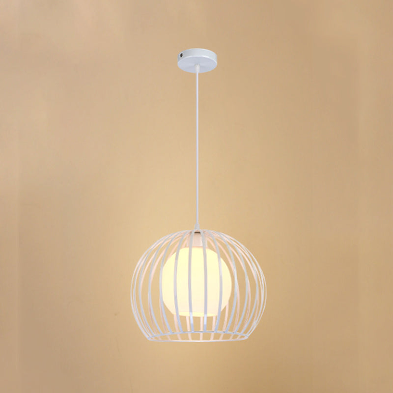 Black/White 1 Bulb Ceiling Hanging Light Industrial Style Metallic Global Cage Suspension Light for Living Room White Clearhalo 'Ceiling Lights' 'Modern Pendants' 'Modern' 'Pendant Lights' 'Pendants' Lighting' 45409