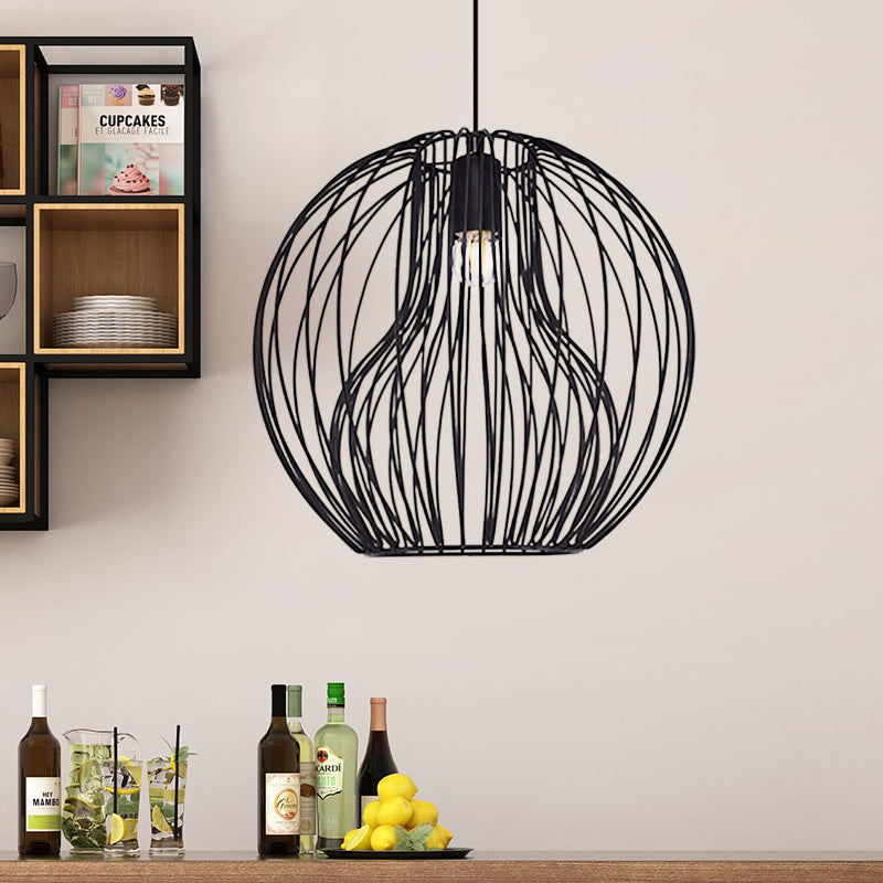 1 Head Metal Hanging Lamp Retro Style Black/White Global Dining Room Pendant Light with Cage Shade Clearhalo 'Ceiling Lights' 'Pendant Lights' 'Pendants' Lighting' 45422