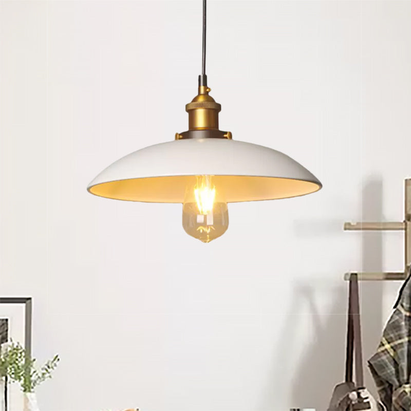 12"/16" Dia Saucer Dining Room Suspension Light Retro Style Metal 1 Light White Ceiling Fixture Clearhalo 'Art Deco Pendants' 'Cast Iron' 'Ceiling Lights' 'Ceramic' 'Crystal' 'Industrial Pendants' 'Industrial' 'Metal' 'Middle Century Pendants' 'Pendant Lights' 'Pendants' 'Tiffany' Lighting' 456259