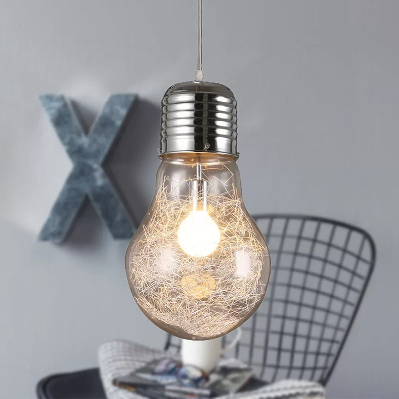 Bulb Shaped Pendant Lighting Industrial 1 Light Clear Glass Hanging Ceiling Light in Chrome, 6"/8.5"/12" Wide Clear Clearhalo 'Ceiling Lights' 'Glass shade' 'Glass' 'Industrial Pendants' 'Industrial' 'Middle Century Pendants' 'Pendant Lights' 'Pendants' 'Tiffany' Lighting' 456294