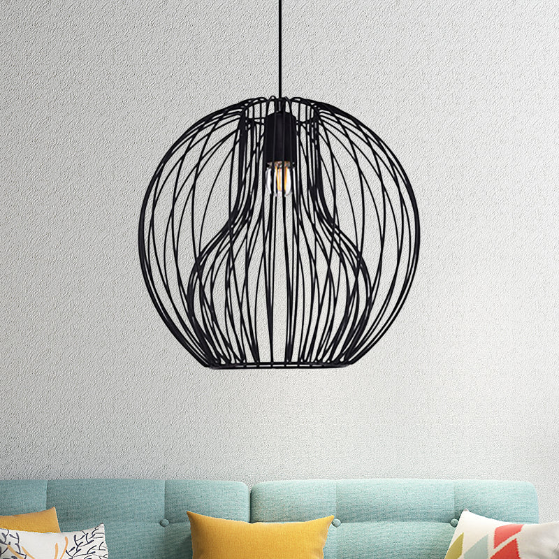 1 Head Metal Hanging Lamp Retro Style Black/White Global Dining Room Pendant Light with Cage Shade Clearhalo 'Ceiling Lights' 'Pendant Lights' 'Pendants' Lighting' 456326