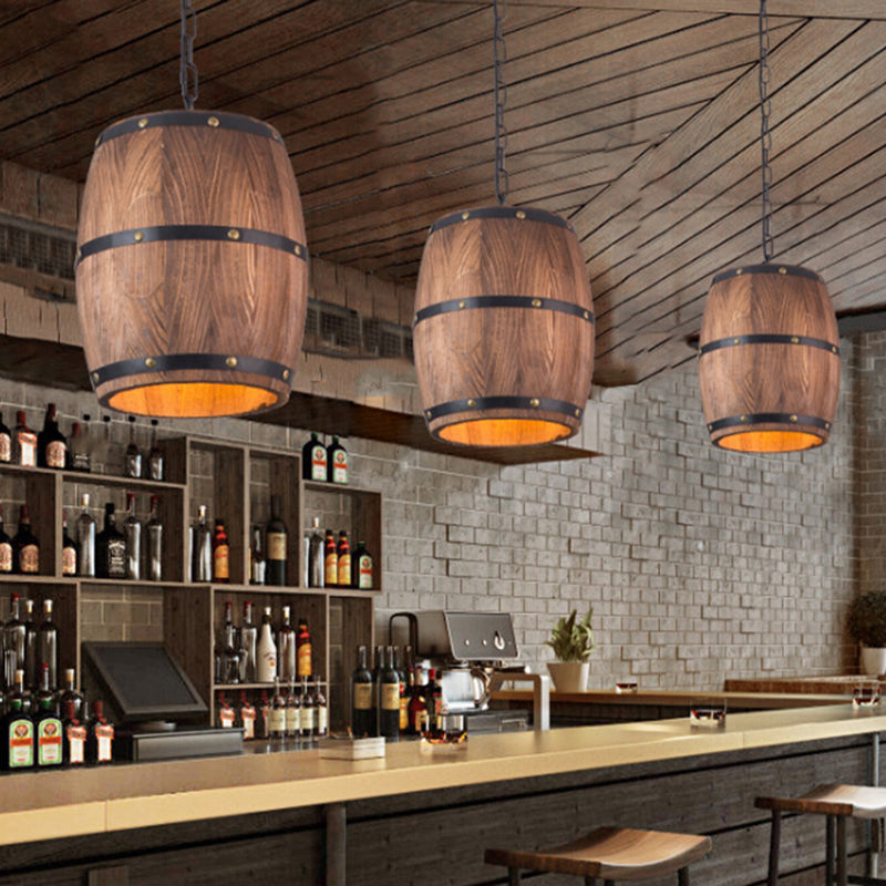 Barrel Restaurant Pendant Light Wood Creative Industrial 1 Light Hanging Light in Brown Clearhalo 'Ceiling Lights' 'Pendant Lights' 'Pendants' Lighting' 456381