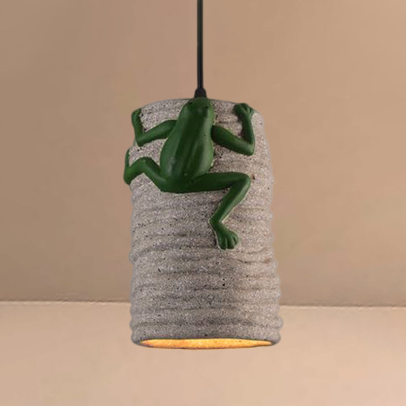 Industrial Cylinder Pendant Light with Frog Deco 1 Light Cement and Resin Pendant Lamp in Brass/Black/Grey for Bar Clearhalo 'Ceiling Lights' 'Modern Pendants' 'Modern' 'Pendant Lights' 'Pendants' Lighting' 456487