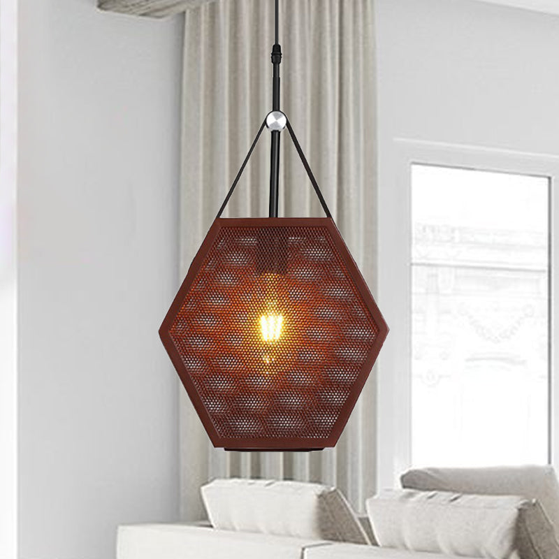 Brown Hollow Hexagon Shape Hanging Lamp 1 Head Industrial Metallic Pendant Light for Restaurant Clearhalo 'Ceiling Lights' 'Modern Pendants' 'Modern' 'Pendant Lights' 'Pendants' Lighting' 456499