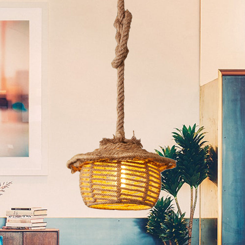 Hemp Rope House Suspended Light Lodge Stylish 1 Light Coffee Shop Ceiling Light Fixture in Beige Clearhalo 'Ceiling Lights' 'Industrial Pendants' 'Industrial' 'Middle Century Pendants' 'Pendant Lights' 'Pendants' 'Tiffany' Lighting' 456502