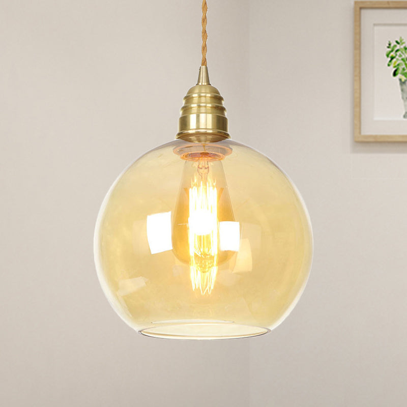 Industrial Global Pendant Lighting 1 Light Amber Glass Hanging Ceiling Light in Brass, 8" /10" /12" Wide Clearhalo 'Ceiling Lights' 'Glass shade' 'Glass' 'Industrial Pendants' 'Industrial' 'Middle Century Pendants' 'Pendant Lights' 'Pendants' 'Tiffany' Lighting' 456539