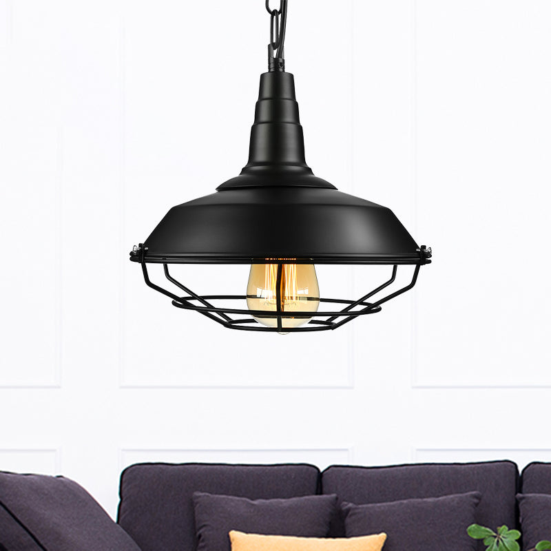 Retro Stylish Wire Guard Pendant Light with Barn Shade 10"/14"/18" Wide 1 Light Metal Hanging Fixture in Black/Bronze/Rust for Kitchen Clearhalo 'Art Deco Pendants' 'Black' 'Cast Iron' 'Ceiling Lights' 'Ceramic' 'Crystal' 'Industrial Pendants' 'Industrial' 'Metal' 'Middle Century Pendants' 'Pendant Lights' 'Pendants' 'Rustic Pendants' 'Tiffany' Lighting' 456562