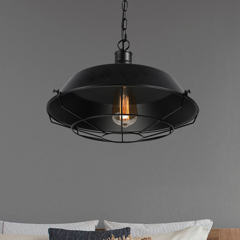 Farmhouse Stylish Barn Ceiling Light Fixture with Cage Shade 1 Bulb Metallic Pendant Lamp in Black, 10"/14"/18" Diameter Clearhalo 'Art Deco Pendants' 'Black' 'Cast Iron' 'Ceiling Lights' 'Ceramic' 'Crystal' 'Industrial Pendants' 'Industrial' 'Metal' 'Middle Century Pendants' 'Pendant Lights' 'Pendants' 'Rustic Pendants' 'Tiffany' Lighting' 456571