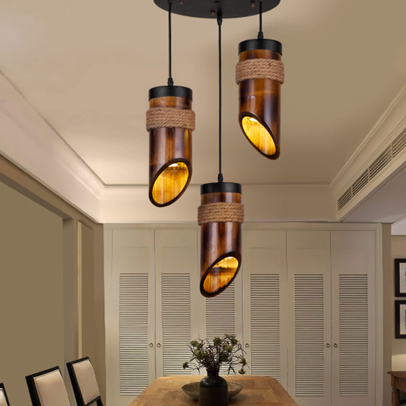 Tube Bamboo Hanging Lamp Three-light Retro Suspension Light in Brown for Dining Room Clearhalo 'Ceiling Lights' 'Pendant Lights' 'Pendants' Lighting' 456575